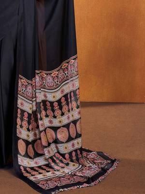 black modal ajrak block satin sareewith blouse piece 5