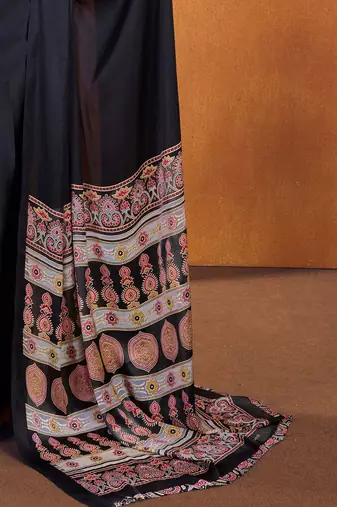 black modal ajrak block satin sareewith blouse piece