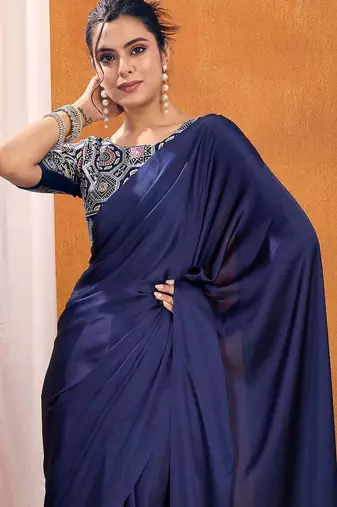 navy_blue modal ajrak block satin designer sareewith blouse piece