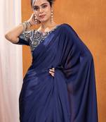 navy_blue modal ajrak block satin designer sareewith blouse piece