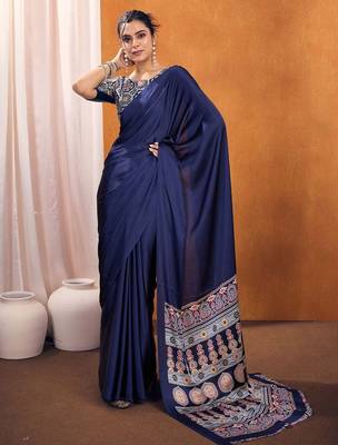 navy_blue modal ajrak block satin designer sareewith blouse piece 2