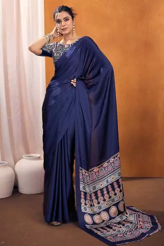 navy_blue modal ajrak block satin designer sareewith blouse piece