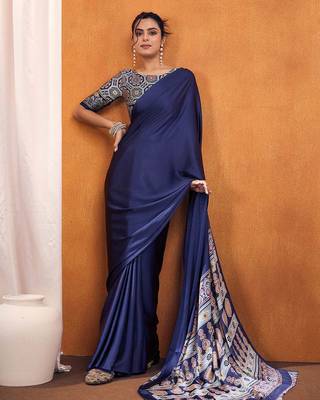 navy_blue modal ajrak block satin designer sareewith blouse piece 3