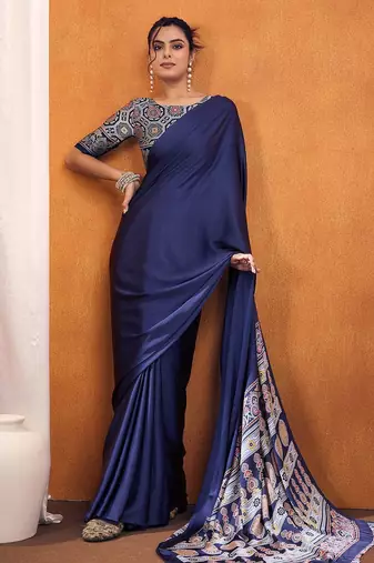 navy_blue modal ajrak block satin designer sareewith blouse piece