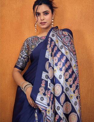 navy_blue modal ajrak block satin designer sareewith blouse piece 4