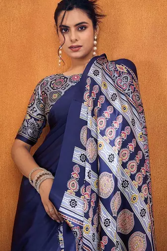 navy_blue modal ajrak block satin designer sareewith blouse piece