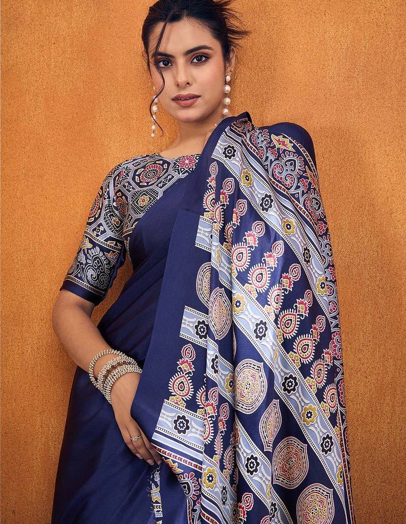 navy_blue modal ajrak block satin designer sareewith blouse piece