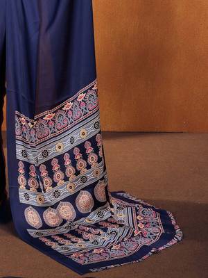navy_blue modal ajrak block satin designer sareewith blouse piece 5