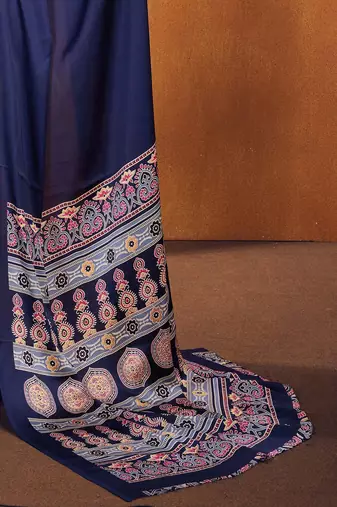 navy_blue modal ajrak block satin designer sareewith blouse piece