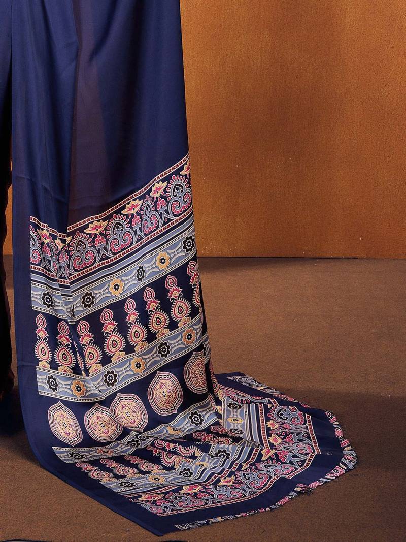 navy_blue modal ajrak block satin designer sareewith blouse piece