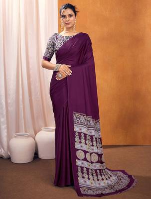 purple modal ajrak block satin designer sareewith blouse piece 1