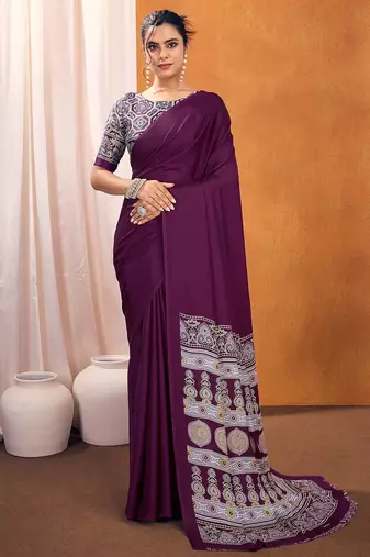 purple modal ajrak block satin designer sareewith blouse piece