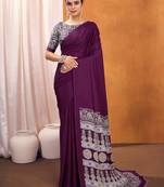 purple modal ajrak block satin designer sareewith blouse piece