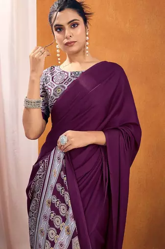 purple modal ajrak block satin designer sareewith blouse piece