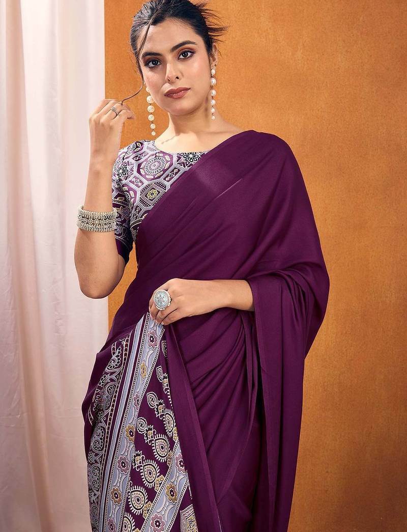 purple modal ajrak block satin designer sareewith blouse piece
