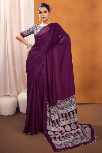 purple modal ajrak block satin designer sareewith blouse piece