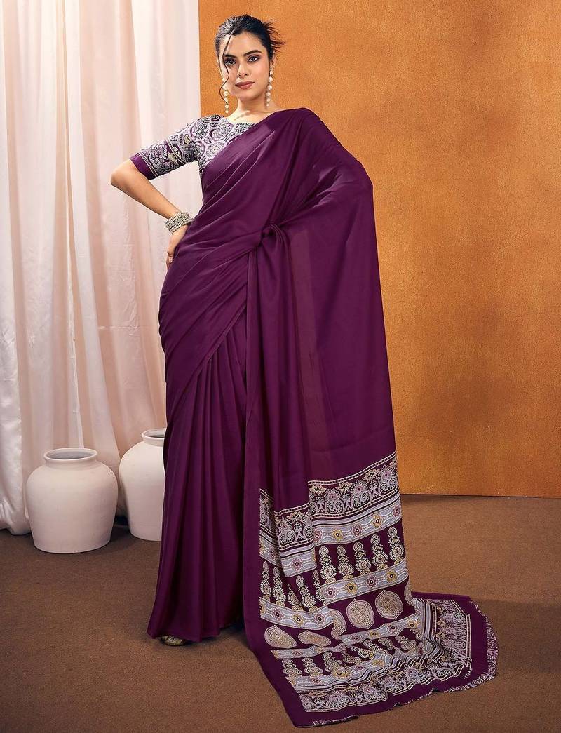 purple modal ajrak block satin designer sareewith blouse piece