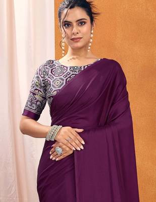 purple modal ajrak block satin designer sareewith blouse piece 4