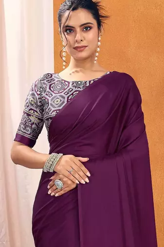 purple modal ajrak block satin designer sareewith blouse piece