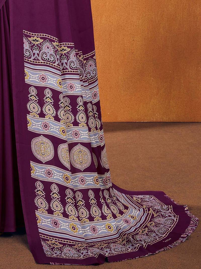 purple modal ajrak block satin designer sareewith blouse piece