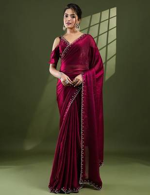magenta embellished beads and stones silk blend designer saree 1