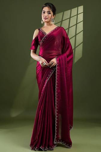 magenta embellished beads and stones silk blend designer saree