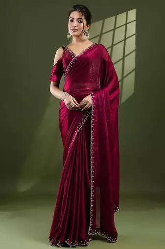 magenta embellished beads and stones silk blend designer saree