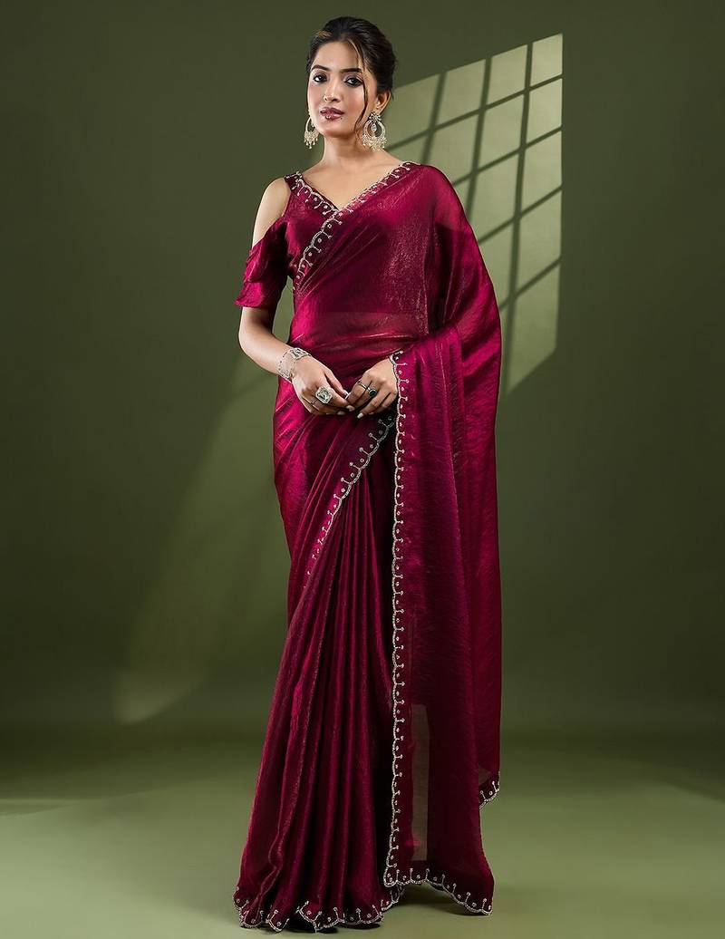 magenta embellished beads and stones silk blend designer saree