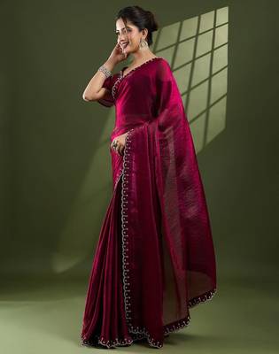 magenta embellished beads and stones silk blend designer saree 2