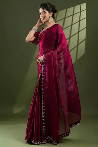 magenta embellished beads and stones silk blend designer saree