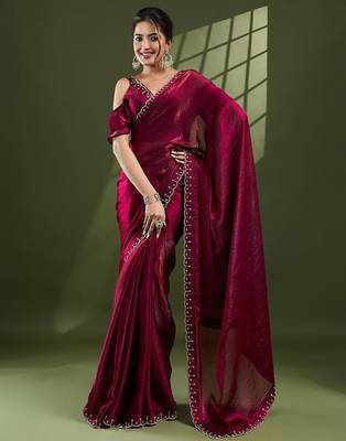 magenta embellished beads and stones silk blend designer saree 4