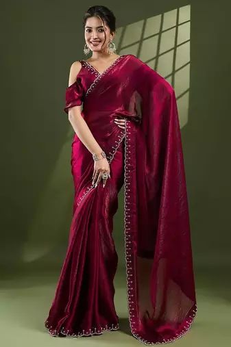 magenta embellished beads and stones silk blend designer saree