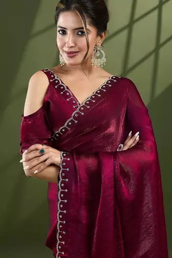 magenta embellished beads and stones silk blend designer saree