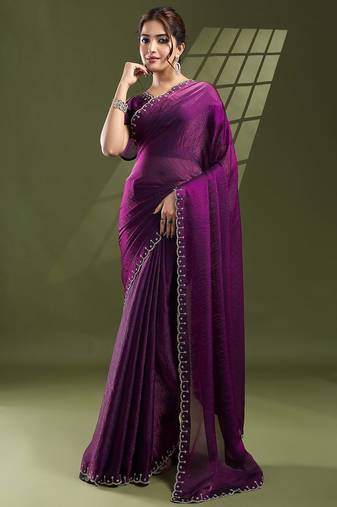 purple beads and stones silk blend saree