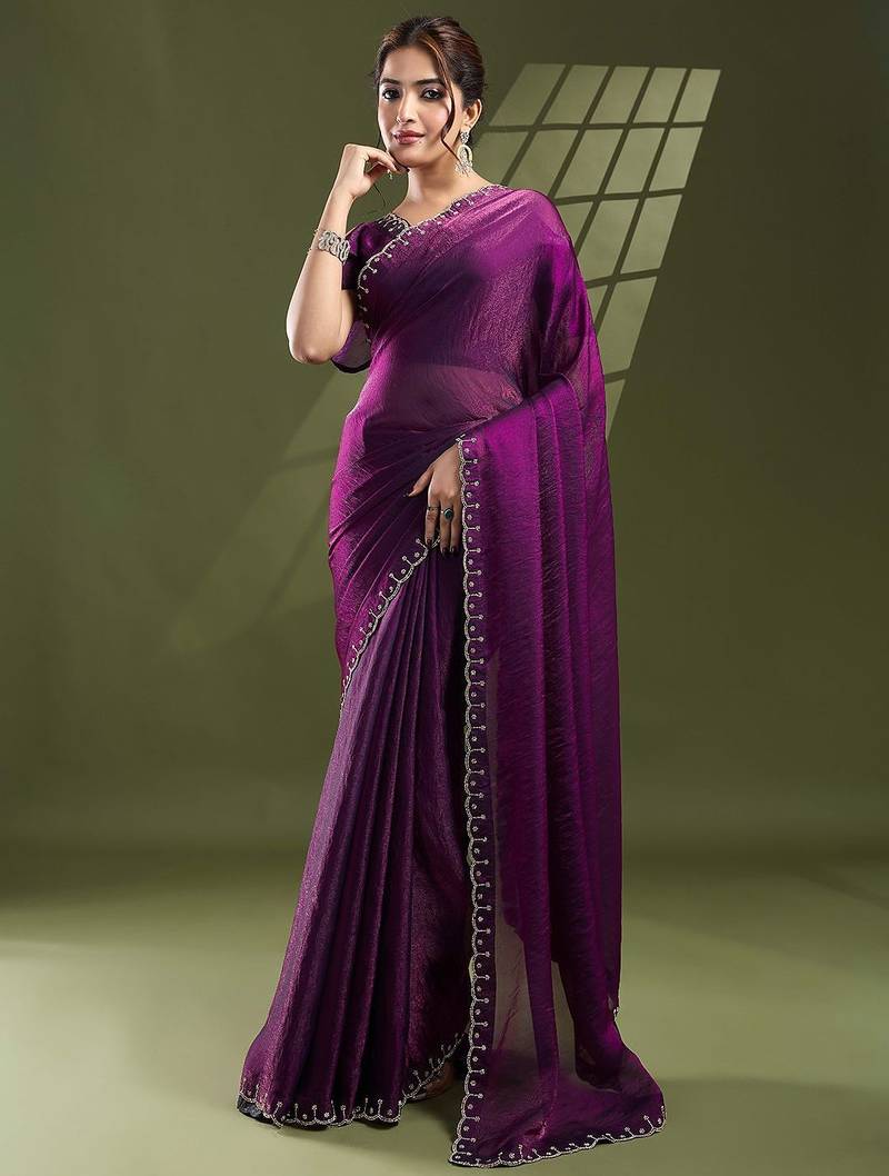 purple beads and stones silk blend saree