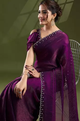 purple beads and stones silk blend saree