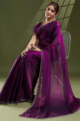purple beads and stones silk blend saree
