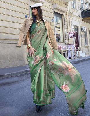 green green & pink floral organza sungudi saree with blouse piece 1