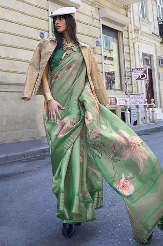 green green & pink floral organza sungudi saree with blouse piece