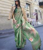 green green & pink floral organza sungudi saree with blouse piece