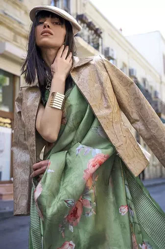 green green & pink floral organza sungudi saree with blouse piece