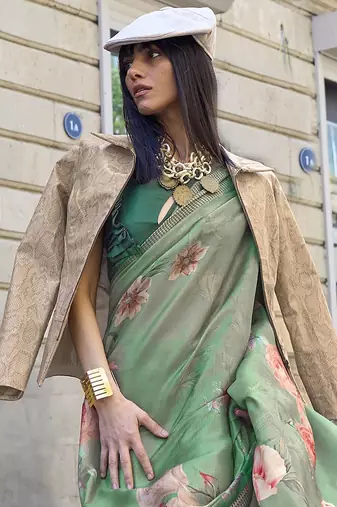 green green & pink floral organza sungudi saree with blouse piece