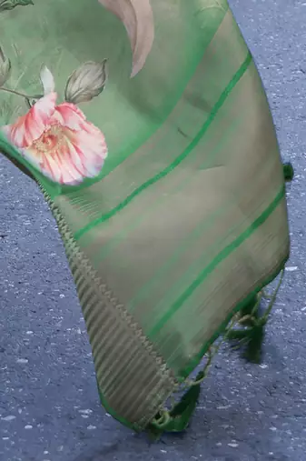 green green & pink floral organza sungudi saree with blouse piece