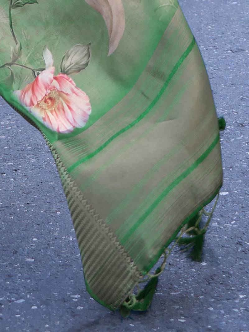 green green & pink floral organza sungudi saree with blouse piece