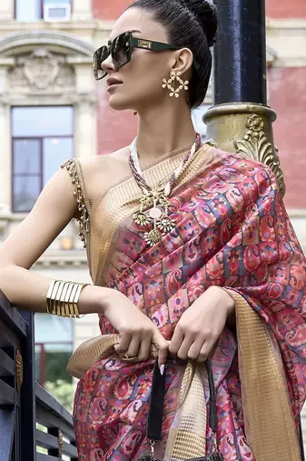 pink pink & gold-toned ethnic motifs printed organza sungudi saree