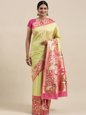 green green & pink woven design silk blend paithani saree 1