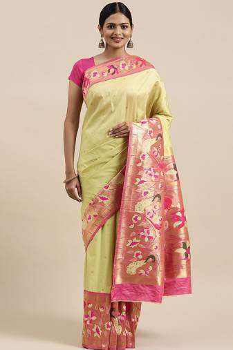 green green & pink woven design silk blend paithani saree