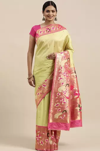 green green & pink woven design silk blend paithani saree