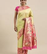 green green & pink woven design silk blend paithani saree