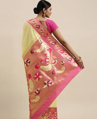 green green & pink woven design silk blend paithani saree 2